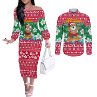 Maldives Christmas Couples Matching Off The Shoulder Long Sleeve Dress and Long Sleeve Button Shirt with Surfing Santa Claus Tropical Flowers and Holiday Wave - Wonder Print Shop