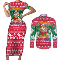Maldives Christmas Couples Matching Short Sleeve Bodycon Dress and Long Sleeve Button Shirt with Surfing Santa Claus Tropical Flowers and Holiday Wave - Wonder Print Shop