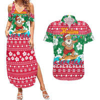 Maldives Christmas Couples Matching Summer Maxi Dress and Hawaiian Shirt with Surfing Santa Claus Tropical Flowers and Holiday Wave - Wonder Print Shop