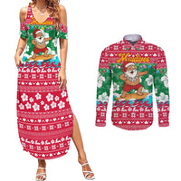 Maldives Christmas Couples Matching Summer Maxi Dress and Long Sleeve Button Shirt with Surfing Santa Claus Tropical Flowers and Holiday Wave - Wonder Print Shop
