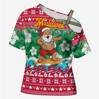 Maldives Christmas Cross Shoulder Shirt with Surfing Santa Claus Tropical Flowers and Holiday Wave - Wonder Print Shop