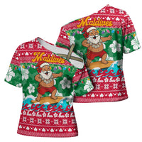 Maldives Christmas Cross Shoulder Shirt with Surfing Santa Claus Tropical Flowers and Holiday Wave - Wonder Print Shop