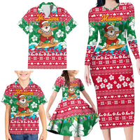 Maldives Christmas Family Matching Long Sleeve Bodycon Dress and Hawaiian Shirt with Surfing Santa Claus Tropical Flowers and Holiday Wave - Wonder Print Shop