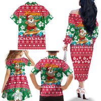 Maldives Christmas Family Matching Off The Shoulder Long Sleeve Dress and Hawaiian Shirt with Surfing Santa Claus Tropical Flowers and Holiday Wave - Wonder Print Shop