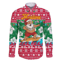Maldives Christmas Family Matching Off The Shoulder Long Sleeve Dress and Hawaiian Shirt with Surfing Santa Claus Tropical Flowers and Holiday Wave - Wonder Print Shop