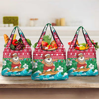 Maldives Christmas Grocery Bag with Surfing Santa Claus Tropical Flowers and Holiday Wave - Wonder Print Shop
