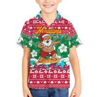 Maldives Christmas Kid Hawaiian Shirt with Surfing Santa Claus Tropical Flowers and Holiday Wave - Wonder Print Shop