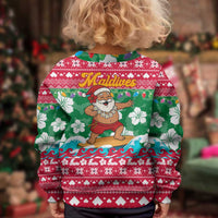 Maldives Christmas Kid Ugly Christmas Sweater with Surfing Santa Claus Tropical Flowers and Holiday Wave - Wonder Print Shop