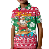 Maldives Christmas Kid Polo Shirt with Surfing Santa Claus Tropical Flowers and Holiday Wave - Wonder Print Shop
