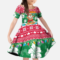 Maldives Christmas Kid Short Sleeve Dress with Surfing Santa Claus Tropical Flowers and Holiday Wave - Wonder Print Shop