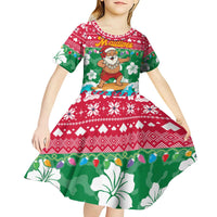 Maldives Christmas Kid Short Sleeve Dress with Surfing Santa Claus Tropical Flowers and Holiday Wave - Wonder Print Shop