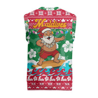 Maldives Christmas Knitted V-Neck Vest with Surfing Santa Claus Tropical Flowers and Holiday Wave - Wonder Print Shop