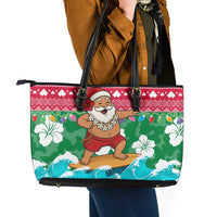 Maldives Christmas Leather Tote Bag with Surfing Santa Claus Tropical Flowers and Holiday Wave - Wonder Print Shop