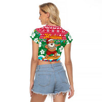 Maldives Christmas Raglan Cropped T Shirt with Surfing Santa Claus Tropical Flowers and Holiday Wave - Wonder Print Shop