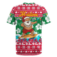 Maldives Christmas Rugby Jersey with Surfing Santa Claus Tropical Flowers and Holiday Wave - Wonder Print Shop