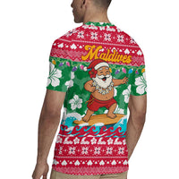 Maldives Christmas Rugby Jersey with Surfing Santa Claus Tropical Flowers and Holiday Wave - Wonder Print Shop