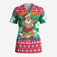 Maldives Christmas Scrub Top with Surfing Santa Claus Tropical Flowers and Holiday Wave - Wonder Print Shop