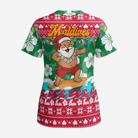 Maldives Christmas Scrub Top with Surfing Santa Claus Tropical Flowers and Holiday Wave - Wonder Print Shop