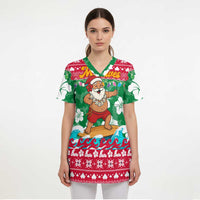 Maldives Christmas Scrub Top with Surfing Santa Claus Tropical Flowers and Holiday Wave - Wonder Print Shop