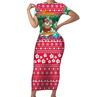 Maldives Christmas Short Sleeve Bodycon Dress with Surfing Santa Claus Tropical Flowers and Holiday Wave - Wonder Print Shop