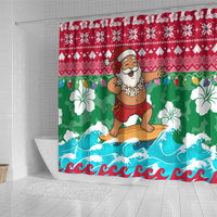 Maldives Christmas Shower Curtain with Surfing Santa Claus Tropical Flowers and Holiday Wave - Wonder Print Shop