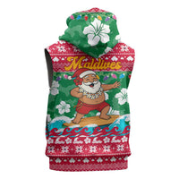 Maldives Christmas Sleeveless Hoodie with Surfing Santa Claus Tropical Flowers and Holiday Wave - Wonder Print Shop