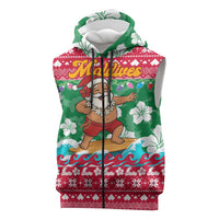 Maldives Christmas Sleeveless Zip Hoodie with Surfing Santa Claus Tropical Flowers and Holiday Wave - Wonder Print Shop