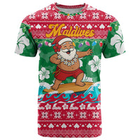 Maldives Christmas T Shirt with Surfing Santa Claus Tropical Flowers and Holiday Wave - Wonder Print Shop