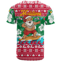 Maldives Christmas T Shirt with Surfing Santa Claus Tropical Flowers and Holiday Wave - Wonder Print Shop