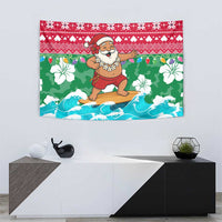 Maldives Christmas Tapestry with Surfing Santa Claus Tropical Flowers and Holiday Wave - undefined