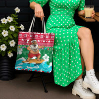 Maldives Christmas Tote Bag with Surfing Santa Claus Tropical Flowers and Holiday Wave - Wonder Print Shop