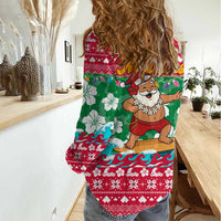 Maldives Christmas Women Casual Shirt with Surfing Santa Claus Tropical Flowers and Holiday Wave - Wonder Print Shop