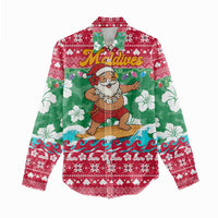 Maldives Christmas Women Casual Shirt with Surfing Santa Claus Tropical Flowers and Holiday Wave - Wonder Print Shop