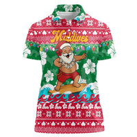 Maldives Christmas Women Polo Shirt with Surfing Santa Claus Tropical Flowers and Holiday Wave - Wonder Print Shop