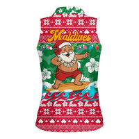 Maldives Christmas Women Sleeveless Polo Shirt with Surfing Santa Claus Tropical Flowers and Holiday Wave - Wonder Print Shop