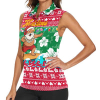 Maldives Christmas Women Sleeveless Polo Shirt with Surfing Santa Claus Tropical Flowers and Holiday Wave - Wonder Print Shop