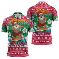Maldives Christmas Zipper Polo Shirt with Surfing Santa Claus Tropical Flowers and Holiday Wave - Wonder Print Shop