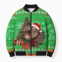 Mali Christmas Bomber Puffer Jacket with Hippo Santa Hat Snowflakes and Holiday Gift - Wonder Print Shop