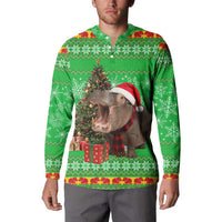 Mali Christmas Button Sweatshirt with Hippo Santa Hat Snowflakes and Holiday Gift - Wonder Print Shop