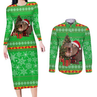Mali Christmas Couples Matching Long Sleeve Bodycon Dress and Long Sleeve Button Shirt with Hippo Santa Hat Snowflakes and Holiday Gift - Wonder Print Shop