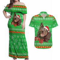 Mali Christmas Couples Matching Off Shoulder Maxi Dress and Hawaiian Shirt with Hippo Santa Hat Snowflakes and Holiday Gift - Wonder Print Shop