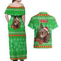 Mali Christmas Couples Matching Off Shoulder Maxi Dress and Hawaiian Shirt with Hippo Santa Hat Snowflakes and Holiday Gift - Wonder Print Shop