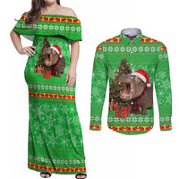Mali Christmas Couples Matching Off Shoulder Maxi Dress and Long Sleeve Button Shirt with Hippo Santa Hat Snowflakes and Holiday Gift - Wonder Print Shop