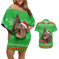 Mali Christmas Couples Matching Off Shoulder Short Dress and Hawaiian Shirt with Hippo Santa Hat Snowflakes and Holiday Gift - Wonder Print Shop