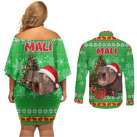 Mali Christmas Couples Matching Off Shoulder Short Dress and Long Sleeve Button Shirt with Hippo Santa Hat Snowflakes and Holiday Gift - Wonder Print Shop