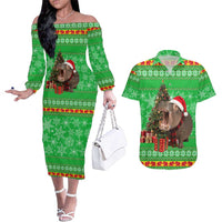 Mali Christmas Couples Matching Off The Shoulder Long Sleeve Dress and Hawaiian Shirt with Hippo Santa Hat Snowflakes and Holiday Gift - Wonder Print Shop