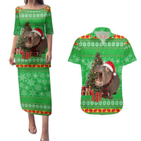 Mali Christmas Couples Matching Puletasi and Hawaiian Shirt with Hippo Santa Hat Snowflakes and Holiday Gift - Wonder Print Shop