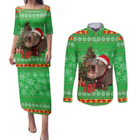 Mali Christmas Couples Matching Puletasi and Long Sleeve Button Shirt with Hippo Santa Hat Snowflakes and Holiday Gift - Wonder Print Shop
