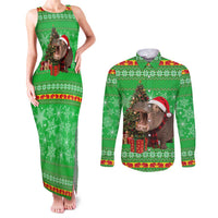 Mali Christmas Couples Matching Tank Maxi Dress and Long Sleeve Button Shirt with Hippo Santa Hat Snowflakes and Holiday Gift - Wonder Print Shop