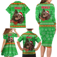 Mali Christmas Family Matching Long Sleeve Bodycon Dress and Hawaiian Shirt with Hippo Santa Hat Snowflakes and Holiday Gift - Wonder Print Shop